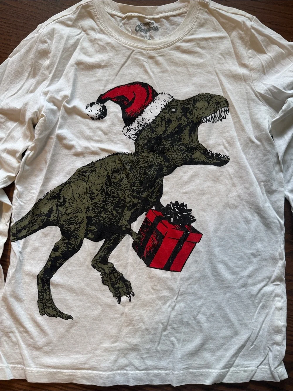 OshKosh B'gosh White Long-Sleeve Dino Tee with Red Santa Hat and Present